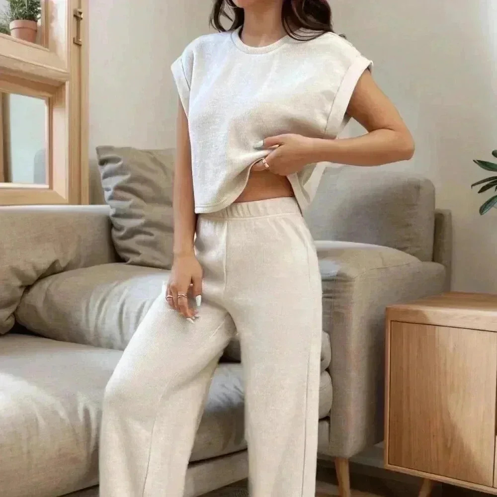 Apricot Casual Women's Knit Loose Batwing Sleeve Top And Pants Set